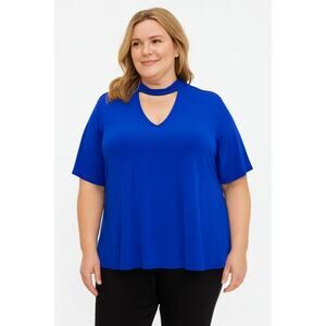 Excellent Boutique Plus Women’s Blue Keyhole Cutout Neck Blouse Size 0X Plus
